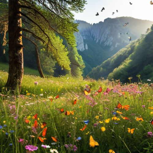 Home 23 **A clearing in Sutjeska National Park, Bosnia, filled with hundreds of colorful butterflies fluttering among wildflowers. Early morning light filters through the trees.** (This prompt is based on the author's personal experience and highlights the butterfly diversity in Bosnian national parks).