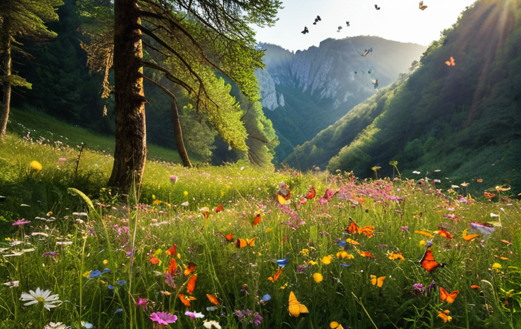 **A clearing in Sutjeska National Park, Bosnia, filled with hundreds of colorful butterflies fluttering among wildflowers. Early morning light filters through the trees.** (This prompt is based on the author's personal experience and highlights the butterfly diversity in Bosnian national parks).
