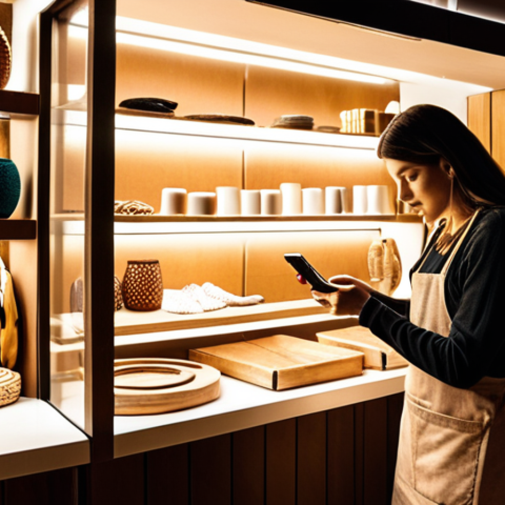 ** A brightly lit photograph of a modern Bosnian artisan shop. The owner is carefully arranging handcrafted goods for a product photoshoot with a smartphone. The image should emphasize the blending of traditional crafts with a modern online sales approach. Focus on warm lighting and genuine interaction.

**