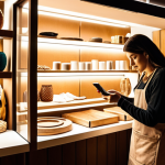 ** A brightly lit photograph of a modern Bosnian artisan shop. The owner is carefully arranging handcrafted goods for a product photoshoot with a smartphone. The image should emphasize the blending of traditional crafts with a modern online sales approach. Focus on warm lighting and genuine interaction.

**