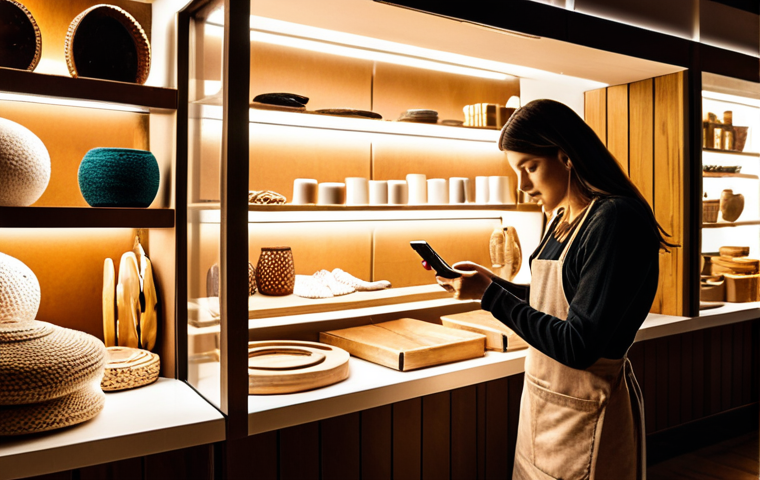 ** A brightly lit photograph of a modern Bosnian artisan shop. The owner is carefully arranging handcrafted goods for a product photoshoot with a smartphone. The image should emphasize the blending of traditional crafts with a modern online sales approach. Focus on warm lighting and genuine interaction.
**