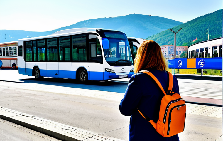 Balkan Bus Journey & Border Crossing**
A female traveler, fully clothed in modest and practical travel attire, stands calmly at a bus station in a Bosnian city. She holds her passport and a small backpack. In the background, a large intercity bus is preparing for departure, surrounded by other travelers and the gentle hustle of the station. Beyond the station, the characteristic architecture of the Balkans and distant rolling hills are visible under a clear sky. The scene conveys a sense of anticipation for a journey, emphasizing preparedness and ease. Perfect anatomy, correct proportions, natural pose, well-formed hands, proper finger count. This image is safe for work, appropriate content, fully clothed, and family-friendly. Professional travel photography, clear focus, natural lighting, high detail.

**