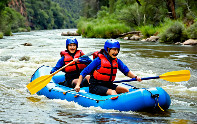 A professional female whitewater rafting guide, fully clothed in appropriate rafting attire including a life vest and helmet, expertly navigating a sturdy raft through a challenging rapid on the Nerumba River. Her expression is focused and determined as she commands the boat, with perfectly formed hands firmly on the oar. A diverse group of adult participants, also fully clothed in modest rafting gear, are paddling in unison, their faces reflecting excitement and trust. The background showcases rugged river canyons and a clear, blue sky. This image captures the essence of skill and control on the water. safe for work, appropriate content, fully clothed, professional, perfect anatomy, correct proportions, natural pose, well-formed hands, proper finger count, natural body proportions, high quality, professional photography.