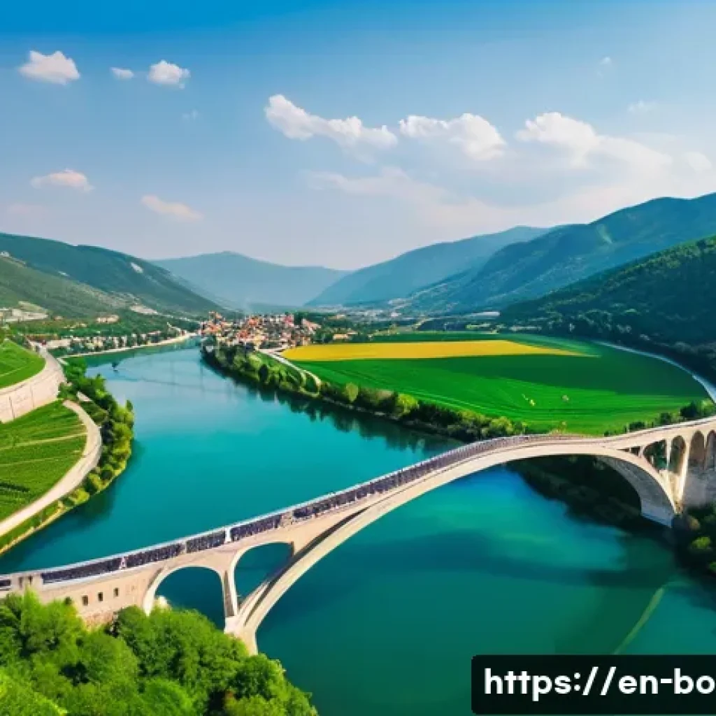 비셰그라드와 이보 안드리치의  드리나 강의 다리 - **A Majestic Testament to Time and Engineering:**
    An awe-inspiring, wide-angle shot of the Mehme...