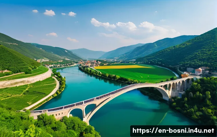 비셰그라드와 이보 안드리치의  드리나 강의 다리 - **A Majestic Testament to Time and Engineering:**
    An awe-inspiring, wide-angle shot of the Mehme...