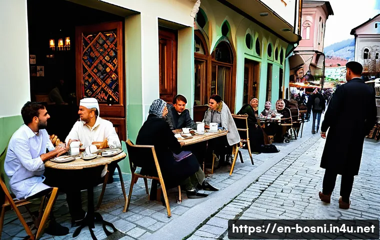 보스니아의 다문화적 배경과 민족성 - A vibrant street scene in Sarajevo showcasing multilingual urban life: diverse people of different e...