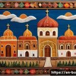 보스니아 헤르체고비나의 미술과 현대 예술 - A richly detailed traditional Bosnian folk art scene featuring vibrant embroidery patterns and relig...