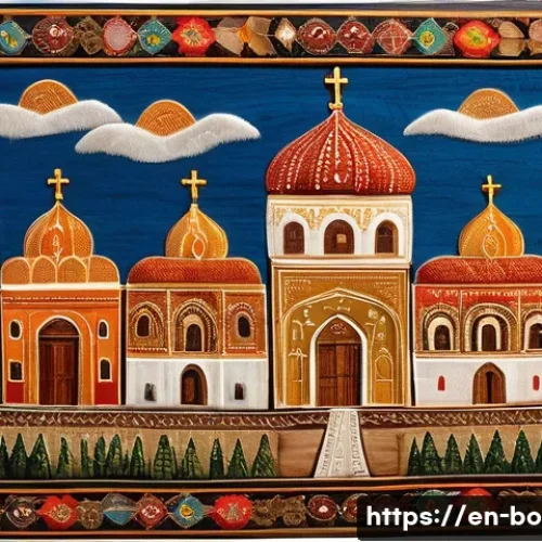 보스니아 헤르체고비나의 미술과 현대 예술 - A richly detailed traditional Bosnian folk art scene featuring vibrant embroidery patterns and relig...