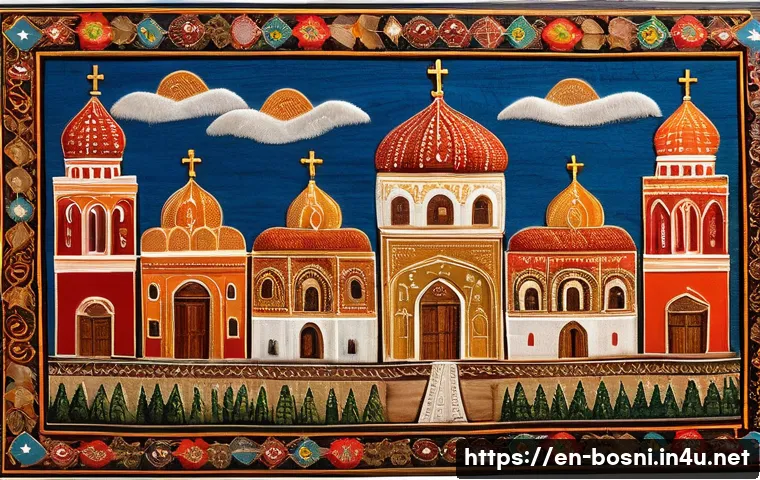 보스니아 헤르체고비나의 미술과 현대 예술 - A richly detailed traditional Bosnian folk art scene featuring vibrant embroidery patterns and relig...