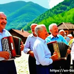 보스니아에서 인기 있는 페스티벌 - A lively traditional Bosnian village festival scene during summer, featuring elderly musicians passi...