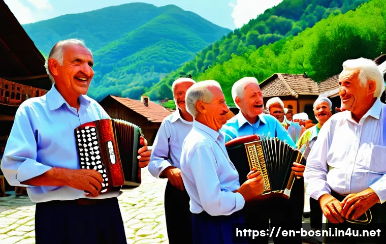 보스니아에서 인기 있는 페스티벌 - A lively traditional Bosnian village festival scene during summer, featuring elderly musicians passi...