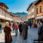 보스니아와 크로아티아의 역사적 관계 - A vibrant street scene in a historic Bosnian city like Sarajevo, showcasing Ottoman-inspired archite...