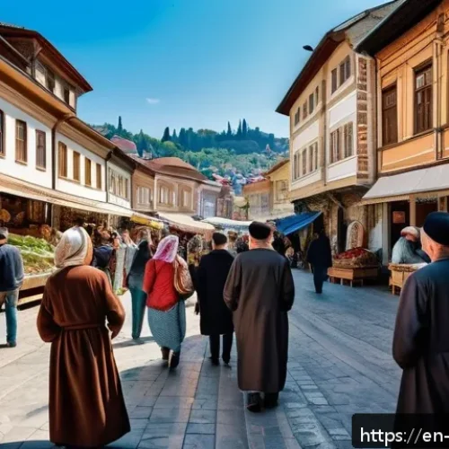 보스니아와 크로아티아의 역사적 관계 - A vibrant street scene in a historic Bosnian city like Sarajevo, showcasing Ottoman-inspired archite...