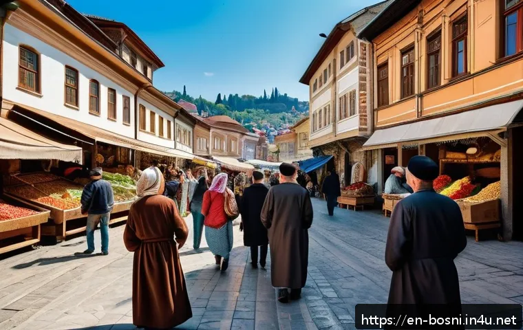 보스니아와 크로아티아의 역사적 관계 - A vibrant street scene in a historic Bosnian city like Sarajevo, showcasing Ottoman-inspired archite...