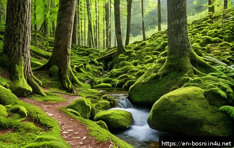 보스니아 여행 중 만날 수 있는 야생동물 - A serene, untouched forest trail in Bosnia’s Sutjeska National Park, featuring ancient towering tree...