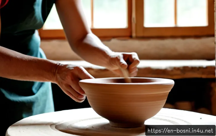보스니아 헤르체고비나의 도자기 예술 - Photorealistic artisan pottery workshop in Bosnia and Herzegovina, a skilled ceramicist shaping a tr...